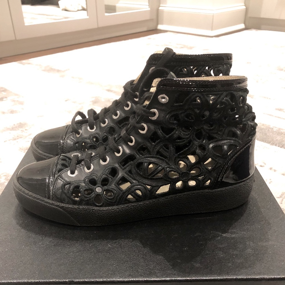 Chanel Laser Cut High Top Sneakers Size 38 Black